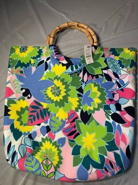 Talbots Multicolor Floral Canvas Tote with Bamboo Handles - Pink, Green & Blue